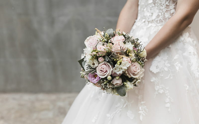 wedding bouquet, bride, roses, white dress, bouquet in hand, wedding concepts, rose bouquet, HD wallpaper