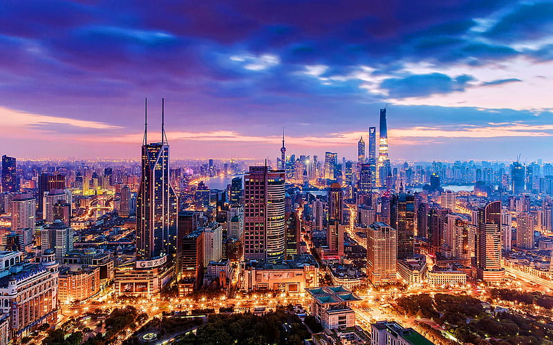 Shanghai, sunset, metropolis, modern buildings, skyscrapers, China, Asia, Shanghai in evening, HD wallpaper
