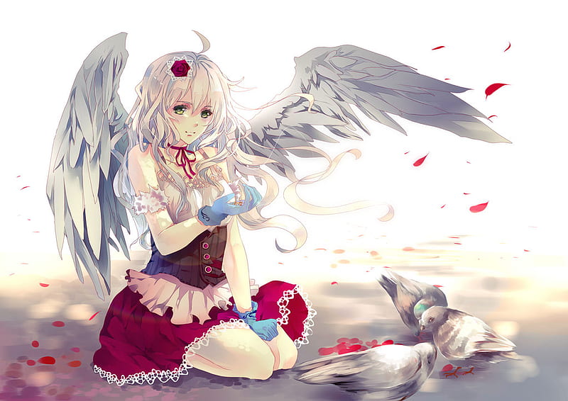Aiki-ame Angel, dress, rose, white hair, blush, cherry blossom, feather wings, sweet, kneeing, hair flower, hot, anime girl, female, wings, angel, blue gloves, ribbon, wind, birds, smile, sexy, cute, cool, origainl, flower, aiki-ame, HD wallpaper