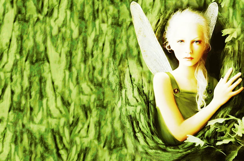 Nature's Fairie, art, cg, elf, nymph, bonito, woman, fairie, fantasy, girl, green, serene, digital, nature, fairy, HD wallpaper