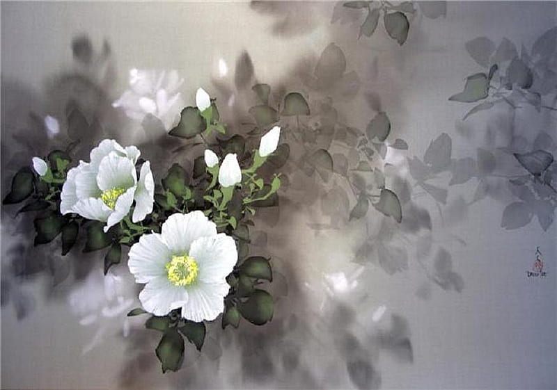 Oriental Peonies, art, bonito, buds, peony, leaves, green, oriental, gris, white, HD wallpaper