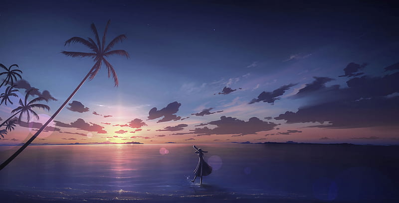 anime seascape, sunset, horizon, clouds, dawn, anime girl, Anime, HD wallpaper