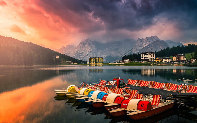Misurina, mountain lake, sunset, evening, forest, beautiful lake, Dolomites, Venice, Italy, HD wallpaper