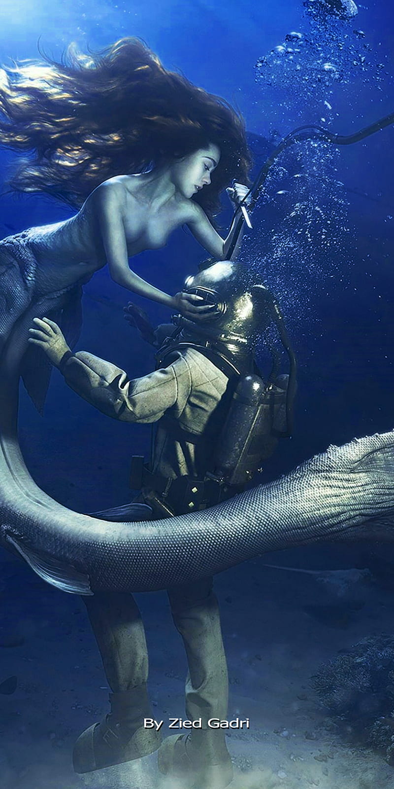 Diver Vs Mermaid, diver, fairy, fantasy, mermaid, ocean, HD phone wallpaper