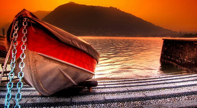Lonely boat on the pier, red, pretty, riverbank, shore, bonito, sunset, sea, mountain, sundown, nice, stones, dock, river, sunrise, amazing, lovely, pier, lonely, sky, lake, water, nature, HD wallpaper