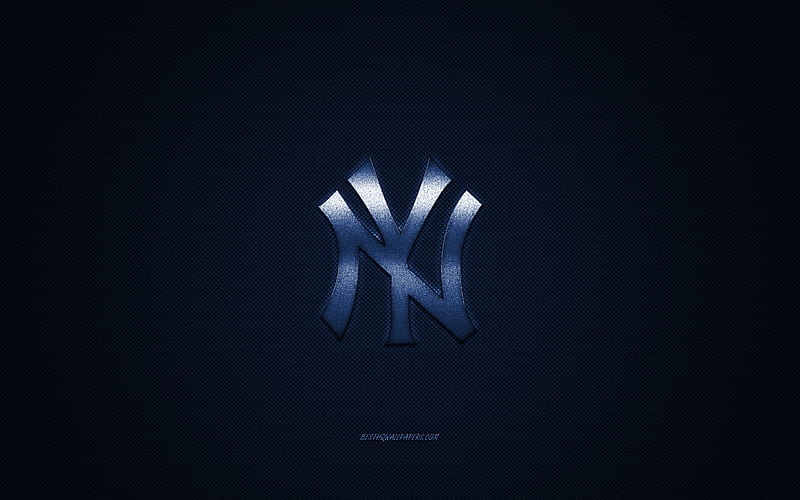 New York Yankees, American baseball club, MLB, blue logo, blue carbon fiber background, baseball, New York, USA, Major League Baseball, New York Yankees logo, HD wallpaper