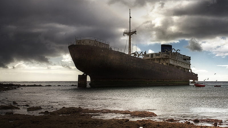 stranded ghost ship, beach, clouds, sea, ship wreck, HD wallpaper