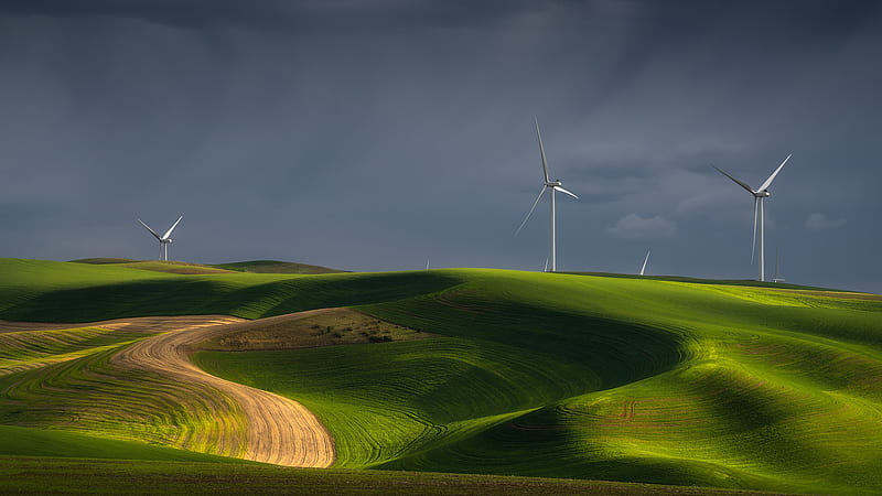Wind Turbines On Green Grass Hills Under Cloudy Sky Nature, HD wallpaper