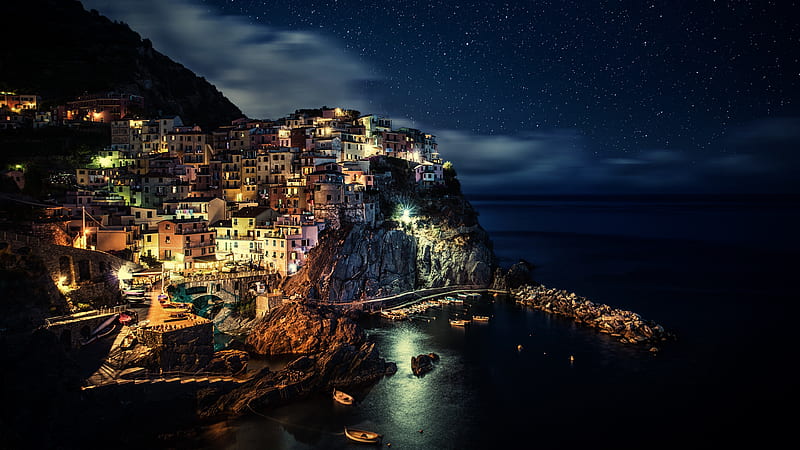 Night, Italy, Ocean, Manarola, Cinque Terre, Man Made, Towns, HD wallpaper