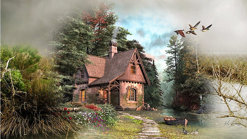 Farmhouse Collage, farmhouse, house, boat, autumn, ducks, collage, lake, fall, garden, flowers, HD wallpaper