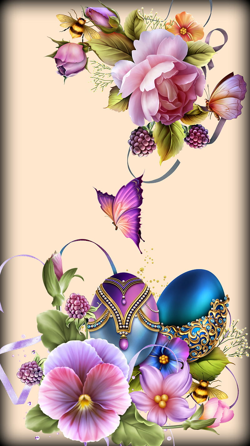 Flower Compose, butterfly, easter, eggs, flower, flowers, holiday, painting, purple, season, HD phone wallpaper