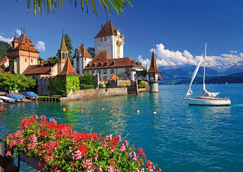 Lake Thun, Switzerland, lovely, view, sailing, Bern, bonito, Switzerland, sky, lake, boat, water, summer, flowers, castle, landscape, HD wallpaper