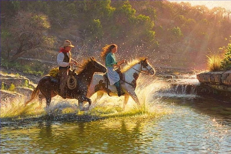 'Cowboy & Cowgirl out for a ride together'...., stream, cowgirls, people, animals, horses, western, cowboys, HD wallpaper