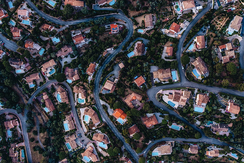 homes, road, winding, aerial view, HD wallpaper