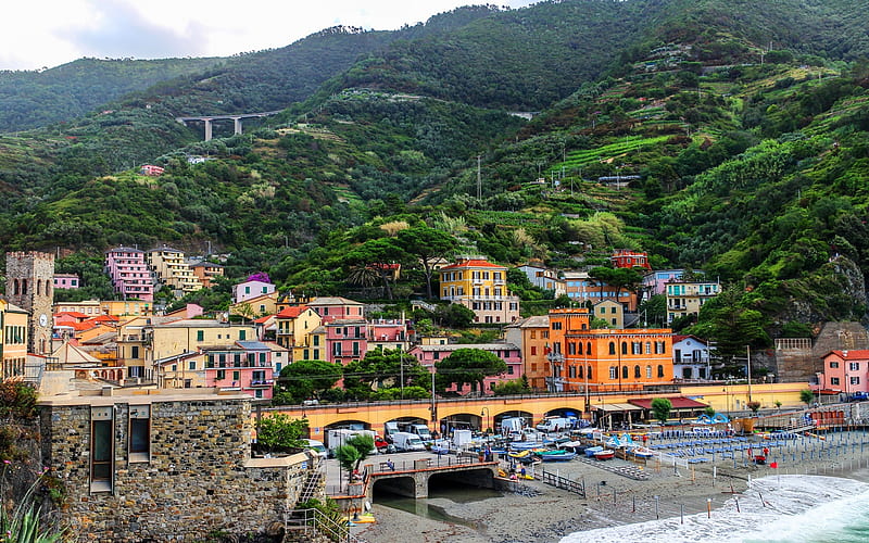 Cinque Terre, Mediterranean Sea, resort, beach, mountains, Monterosso, Italy, HD wallpaper