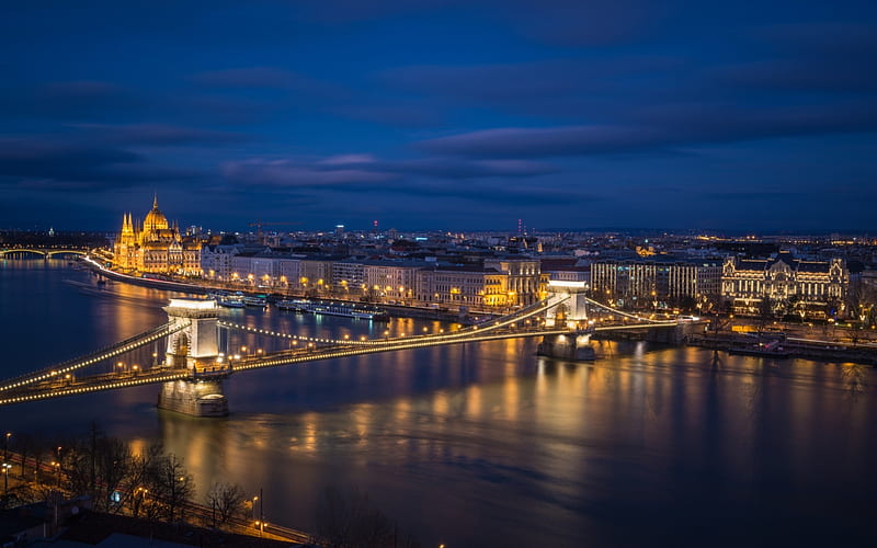 Chain Bridge, Hungarian Parliament building, evening, Budapest, Hungary, night, city lights, suspension bridge, HD wallpaper