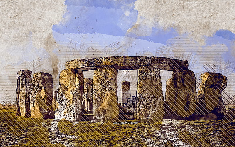 Stonehenge, Wiltshire, England, grunge art, creative art, painted Stonehenge, drawing, Stonehenge grunge, digital art, HD wallpaper
