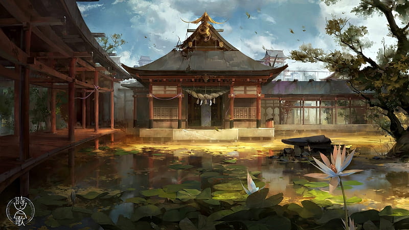 The old temple, art, fantasy, water, lotus, luminos, flower, a-shacho, temple, HD wallpaper