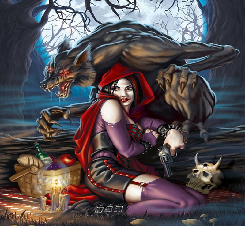 Little Red Riding Hood Gone Naughty, forest, fantasy, moon, werewolf, abstract, little red, HD wallpaper