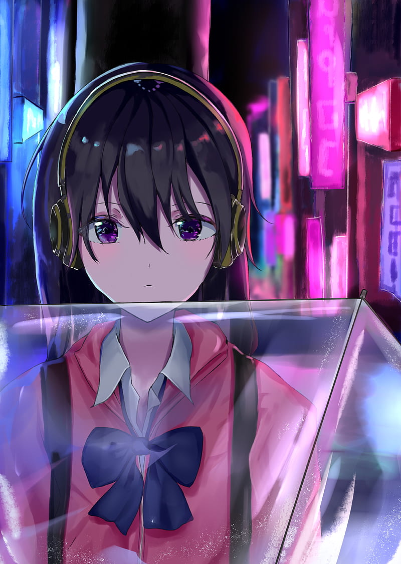 Girl, headphones, signs, neon, anime, HD phone wallpaper | Peakpx