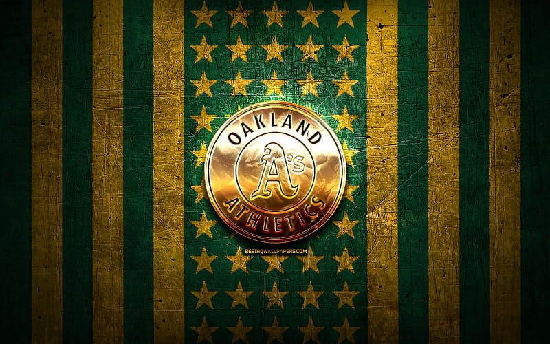 Oakland Athletics flag, MLB, green yellow metal background, american baseball team, Oakland Athletics logo, USA, baseball, Oakland Athletics, golden logo, HD wallpaper
