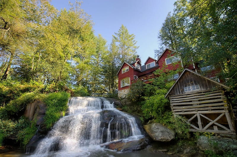 beautiful waterfalls by a red house, house, cliff, shed, trees, waterfalls, HD wallpaper