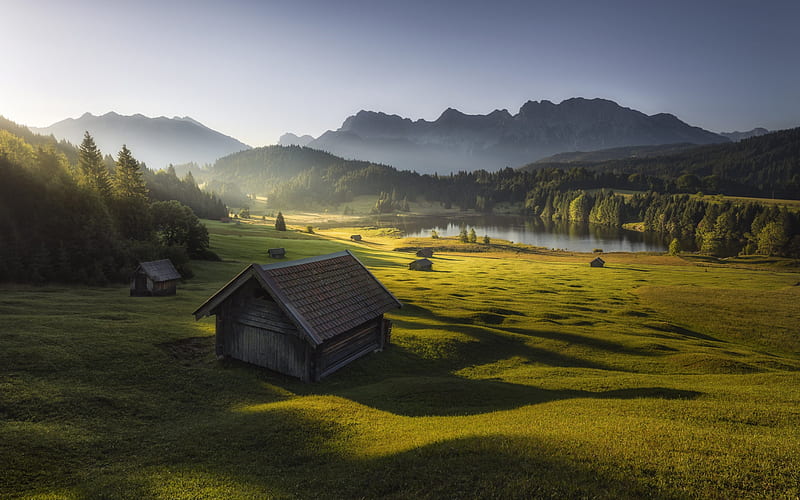 Bavarian Alps, morning, sunrise, mountain landscape, Alps, green meadow, green grass, spring, Germany, HD wallpaper