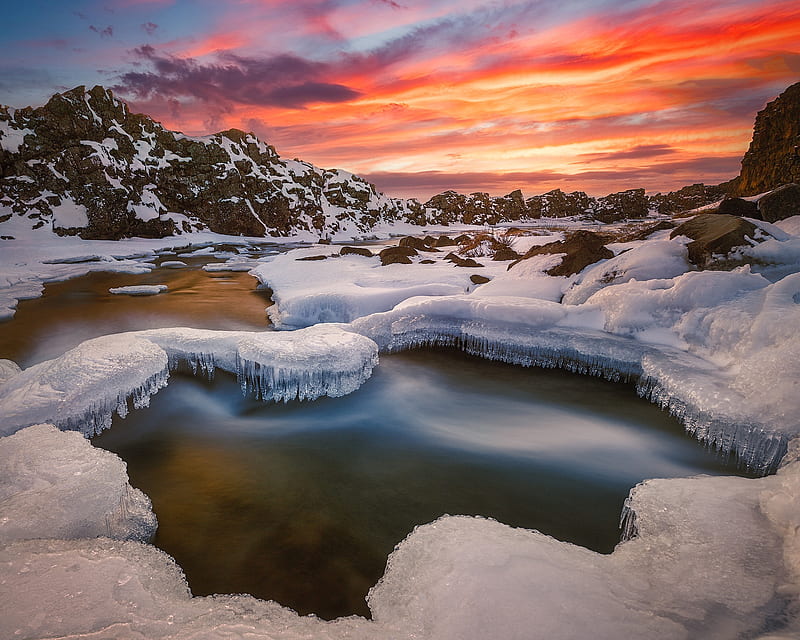 Earth, Winter, Ice, Iceland, Nature, River, Snow, Sunset, HD wallpaper