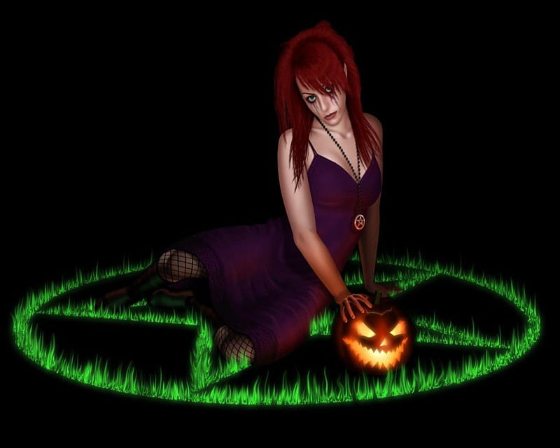 Halloween Witch, witch, pumpkin, pentagram, Green flames, HD wallpaper