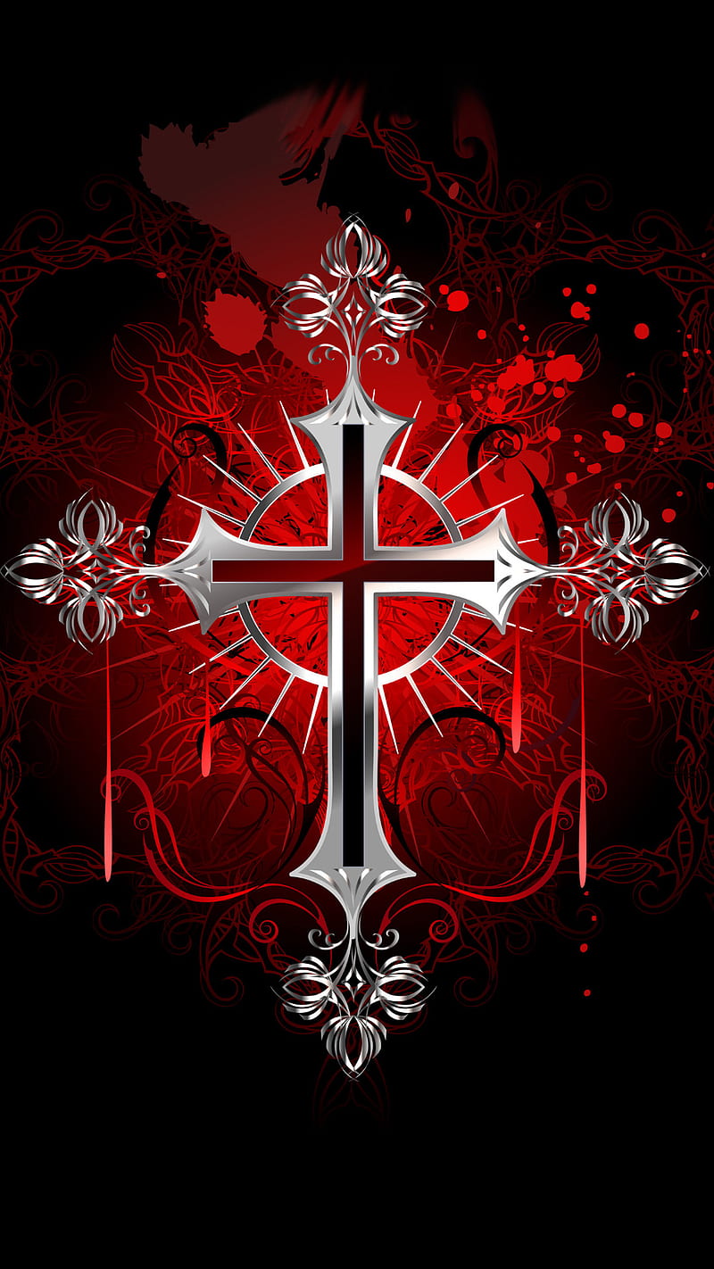 silver cross, christian, jesus, red abstract, red paint, shine, son of god, HD phone wallpaper