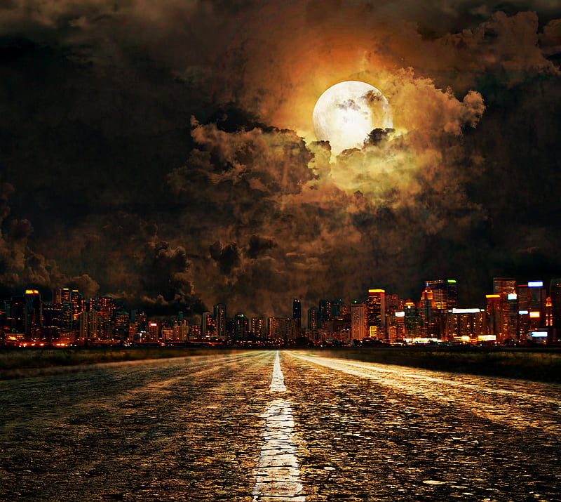 Moonlight, city, cloudy, lights, moonshine, nature, night, road, HD wallpaper