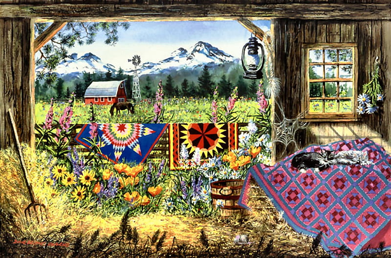 The Barn Door F2mp, art, painting, wide screen, quilts, illustration, artwork, barn, landscape, HD wallpaper