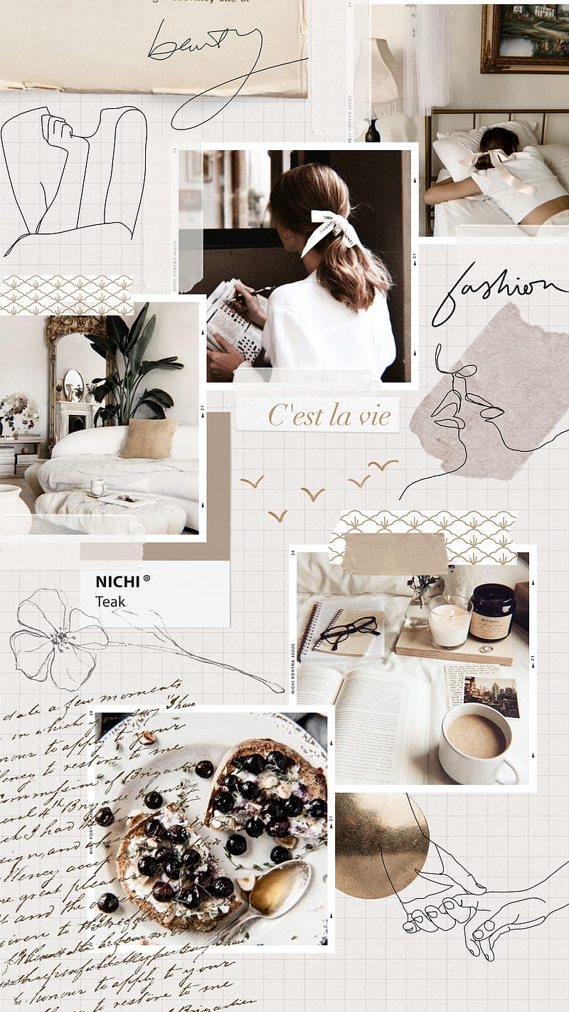 Beige aesthetic, bonito, chic, collage, fashion, light, moodboard, simple, white, HD phone wallpaper