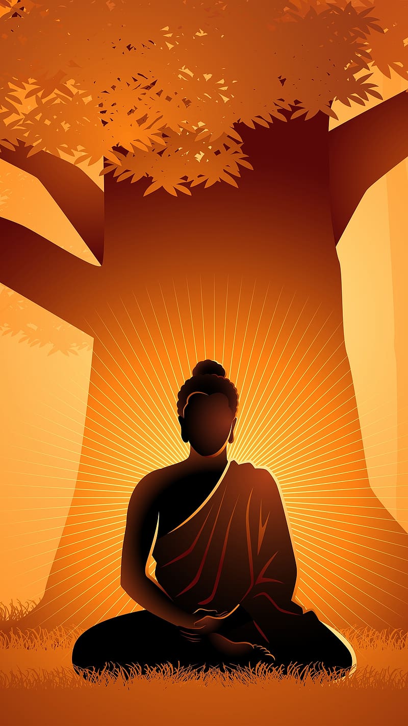Buddha , Shadow Effect, meditation, lord buddha, god, orange background, HD phone wallpaper