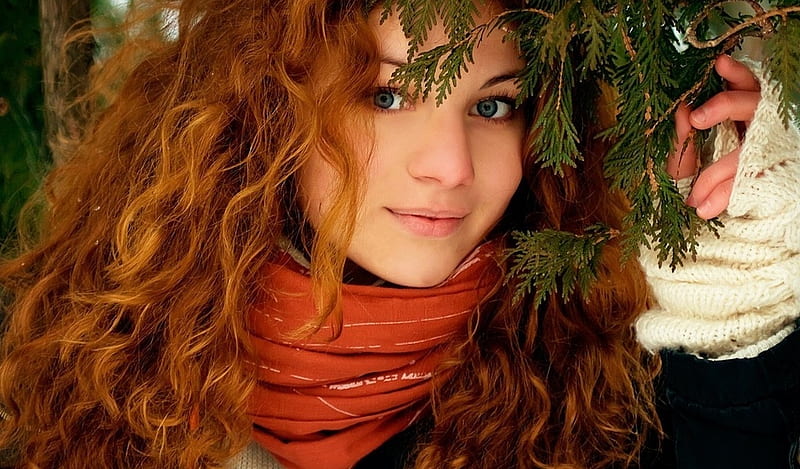 Lovely redhead (for John, Jerry46), lovely, cold days, redhead, fir tree, lips, winter, hair, charming, beauty, face, eyes, beautiful girl, HD wallpaper