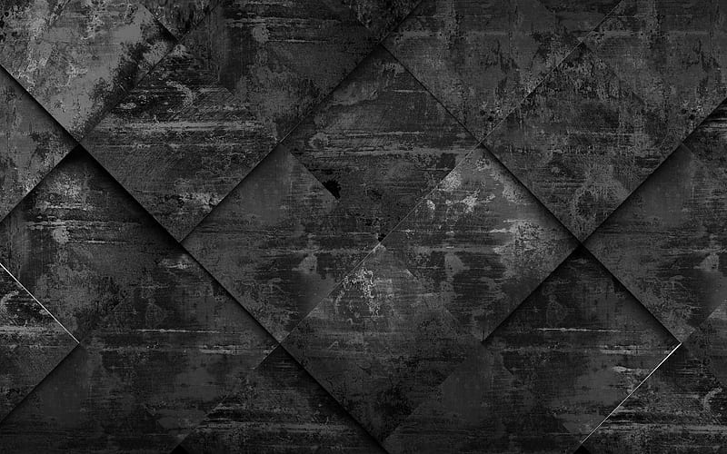 black rhombic texture grunge rhombus texture, black backgrounds, geometry, rhombus textures, HD wallpaper