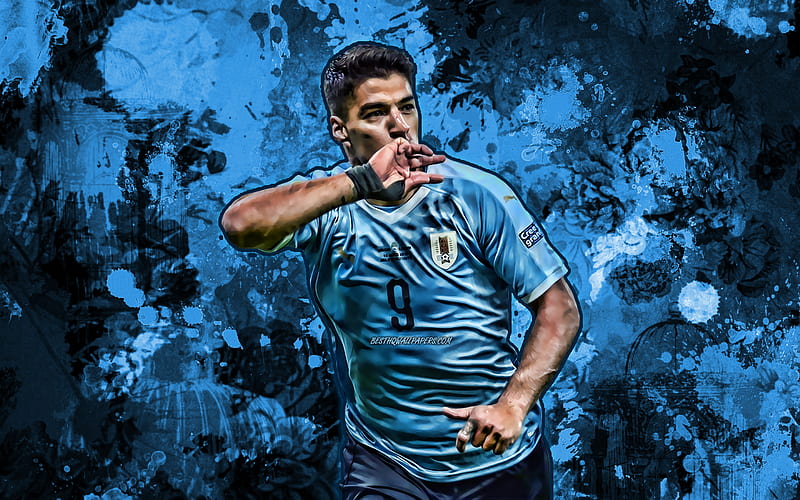 Luis Suarez, blue paint splashes, Uruguay National Team, grunge art, Luis Alberto Suarez Diaz, soccer, footballers, Uruguayan football team, HD wallpaper