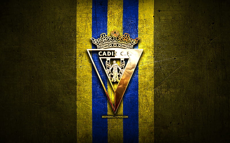 Cadiz FC, golden logo, La Liga 2, yellow metal background, football, Cadiz CF, spanish football club, Cadiz logo, soccer, LaLiga 2, Spain, HD wallpaper