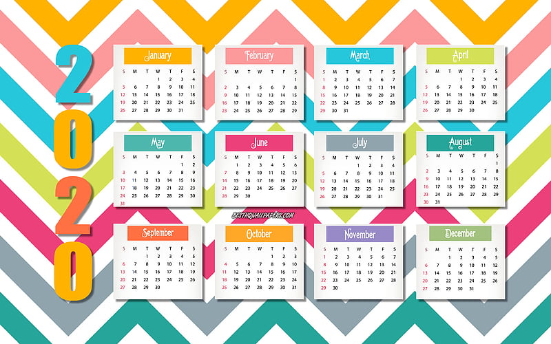 2020 retro calendar, 2020 abstract calendar, color retro background, all months, creative background, 2020 concepts, 2020 calendar, HD wallpaper