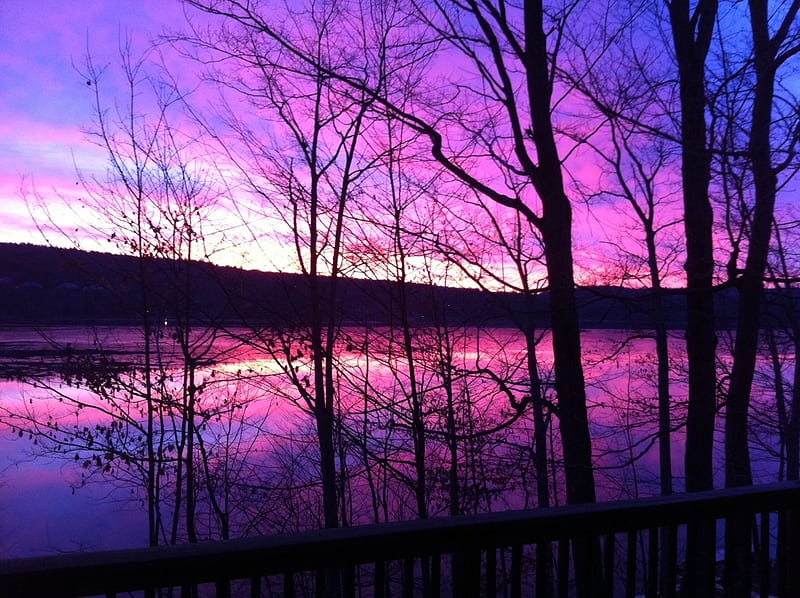 Lake Wallenpaupack, Pocono Mountains, Pennsylvania, Lodge, Breathtaking, Purple, Red, Sky, Stunning View, Poconos, White, dark, Mountains, Trees, Clouds, Shoreline, Lake, Sunrise, Blue, HD wallpaper