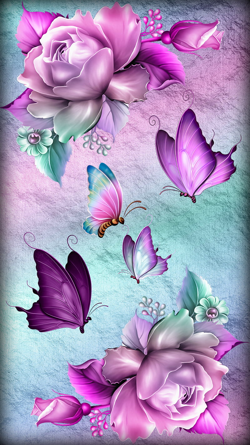Fantasy Roses, butterflies, colorful, desenho, nature, orchids, HD phone wallpaper