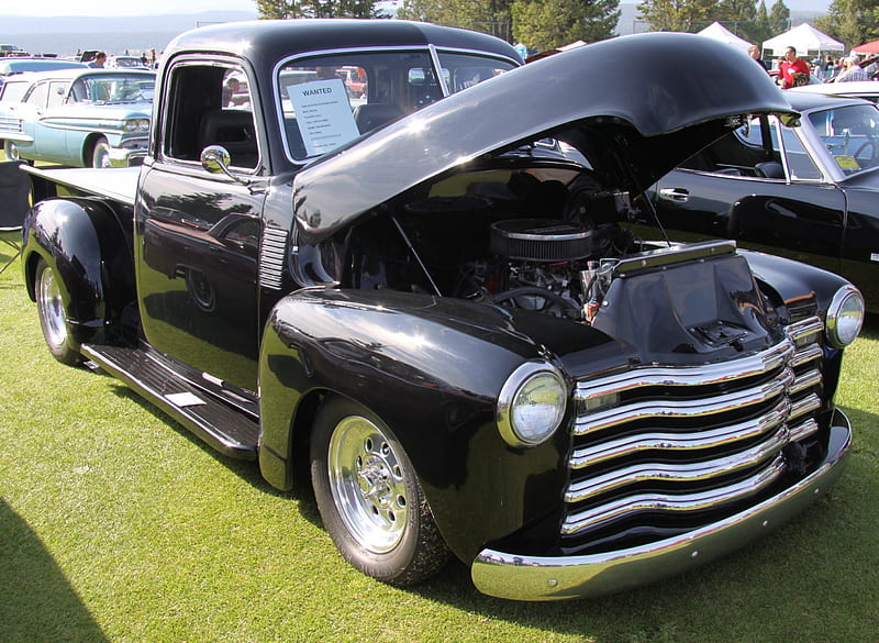 1950 Chevrolet truck, nickel, graphy, headlights, Chevrolet, engine, black, tires, truck, HD wallpaper