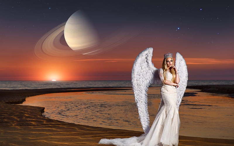 Angel, dress, wings, model, woman, moon, renat khismatulin, planet, girl, white, HD wallpaper
