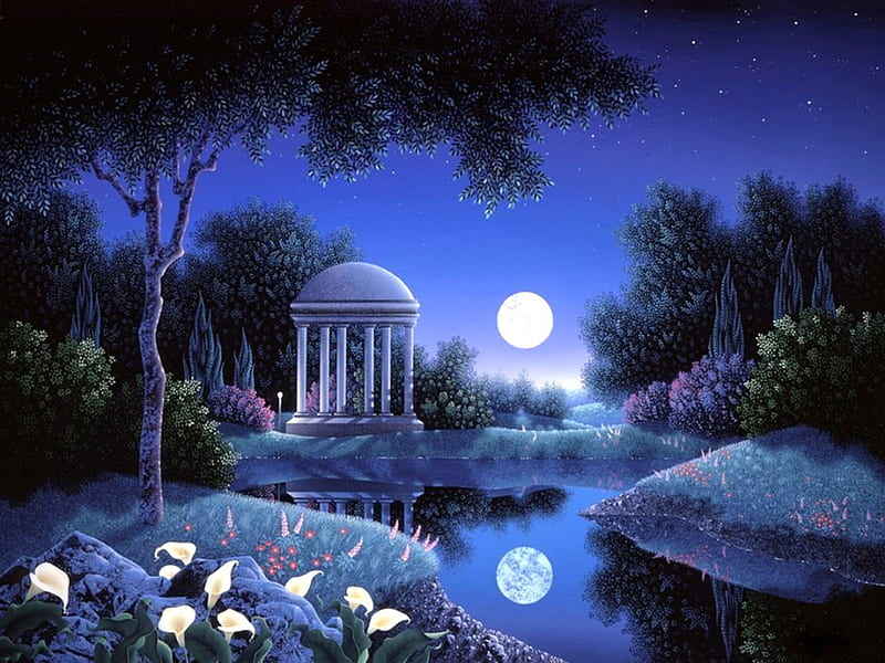 ★Glowing Blue Moonlight★, glow, stunning, attractions in dreams, bonito, seasons, paintings, landscapes, bright, flowers, scenery, blue, night, moons, lakes, colors, love four seasons, creative pre-made, trees, cool, summer, nature, gazebo, reflections, HD wallpaper