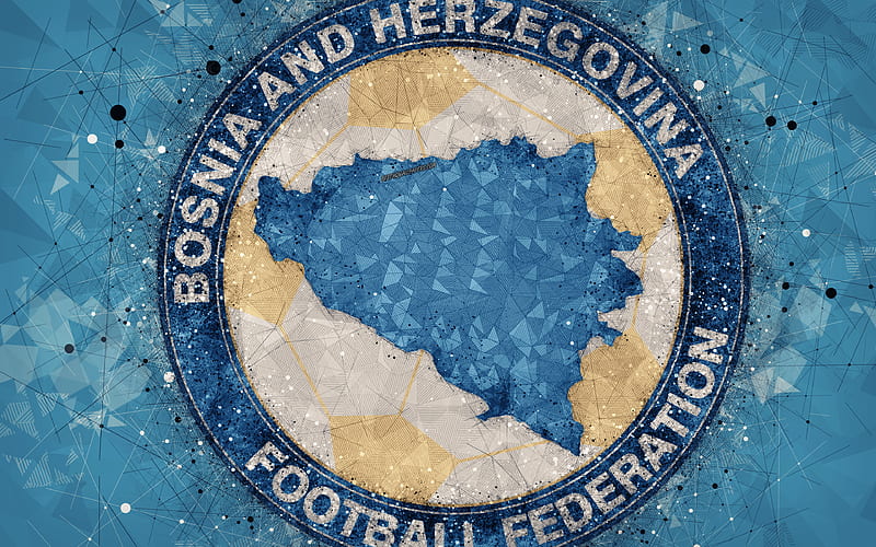Bosnia and Herzegovina national football team geometric art, logo, blue abstract background, UEFA, emblem, Bosnia and Herzegovina, football, grunge style, creative art, HD wallpaper