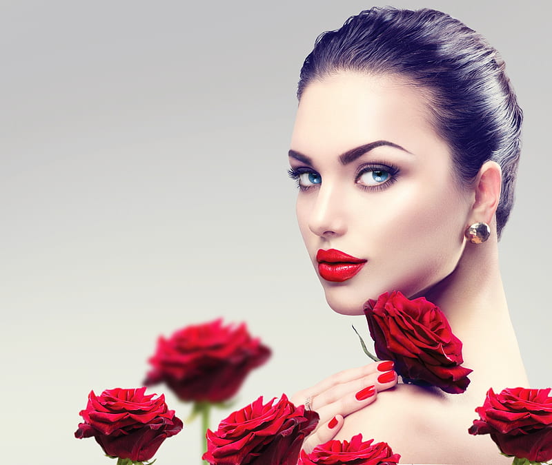 Beauty, red, model, rose, woman, anna subbotina, girl, flower, face, HD wallpaper
