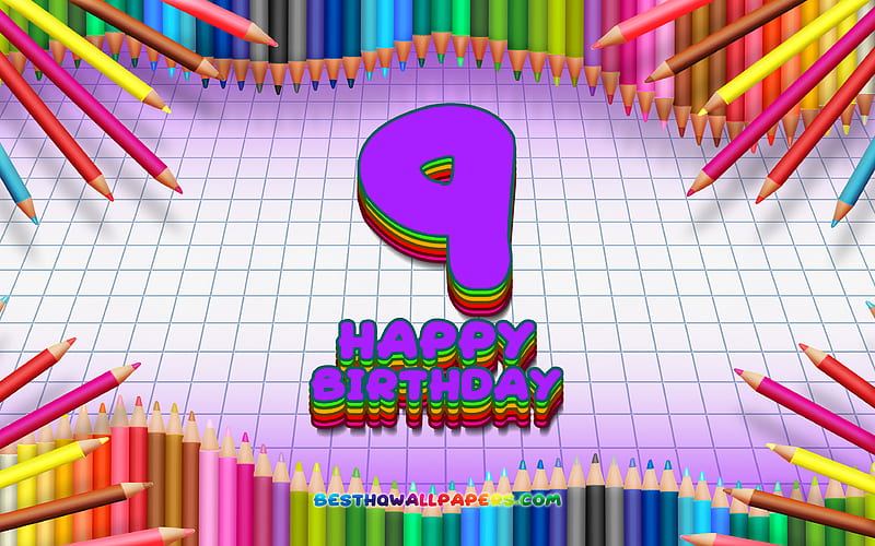 Happy 9th birtay, colorful pencils frame, Birtay Party, violet checkered background, Happy 9 Years Birtay, creative, 9th Birtay, Birtay concept, 9th Birtay Party, HD wallpaper