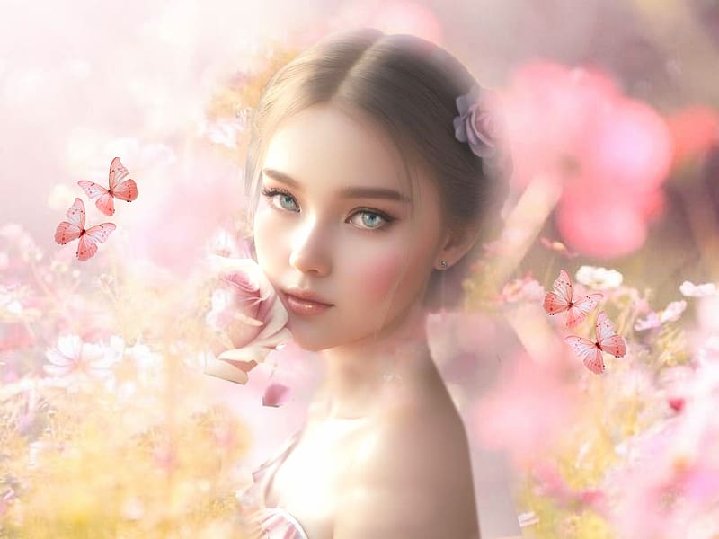 Blush Pink Flower, vivid, yellow, bright, bold, flowers, girl, pinki, colorful, vibrant, butterflies, HD wallpaper