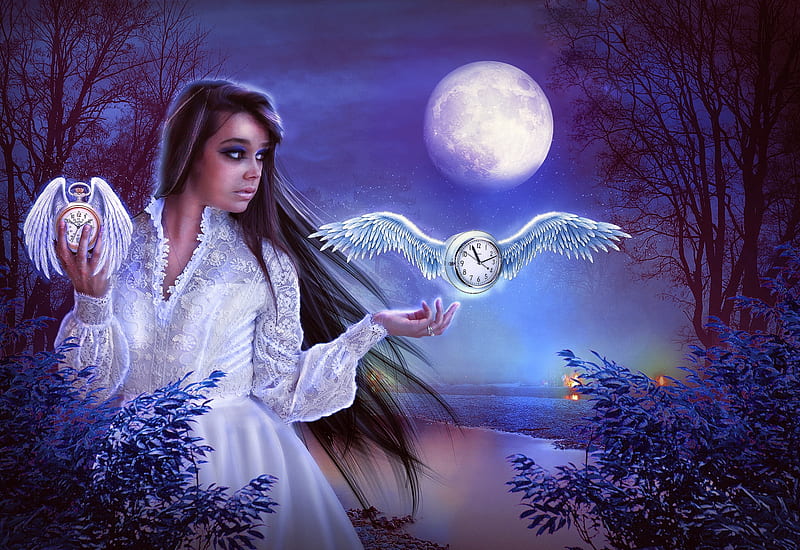 Time Flies, moon, lady, time, night, HD wallpaper