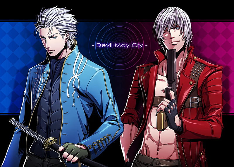 Sons of Sparda, games, dante, male, white hair, video games, devil may cry, weapons, trench coat, vergil, coat, gun, anime, blue eyes, sword, dmc, HD wallpaper